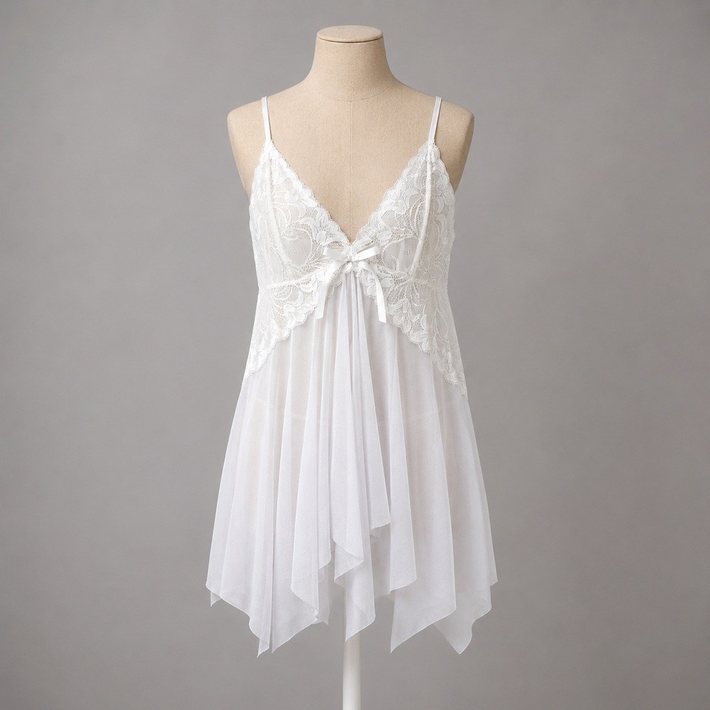 Sheer Lace Mesh Babydoll Chemise Size XL White Lingerie Handkerchief Hem Fairy